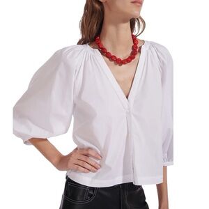 STAUD - White Poplin Blouse Puff Sleeve Split Neck Top Sz M
